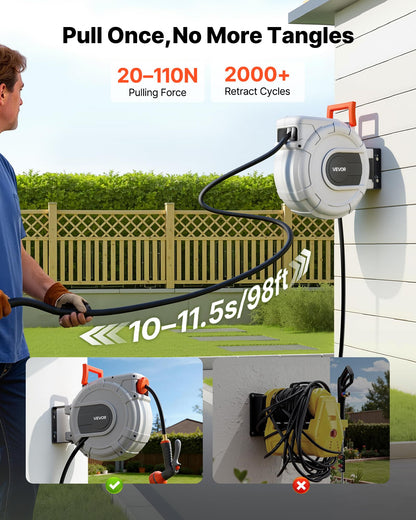 VEVOR Retractable Garden Hose Reel, 1/2 in x 50 ft, Wall Mounted Hose Reel with 9-Function Sprayer