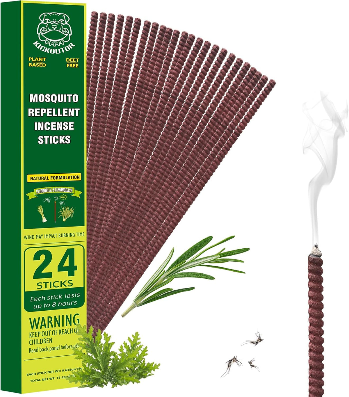 KICKOUTOR® Mosquito Incense Sticks with Natural Citronella Oil, 24 Count Indoor Outdoor Mosquito