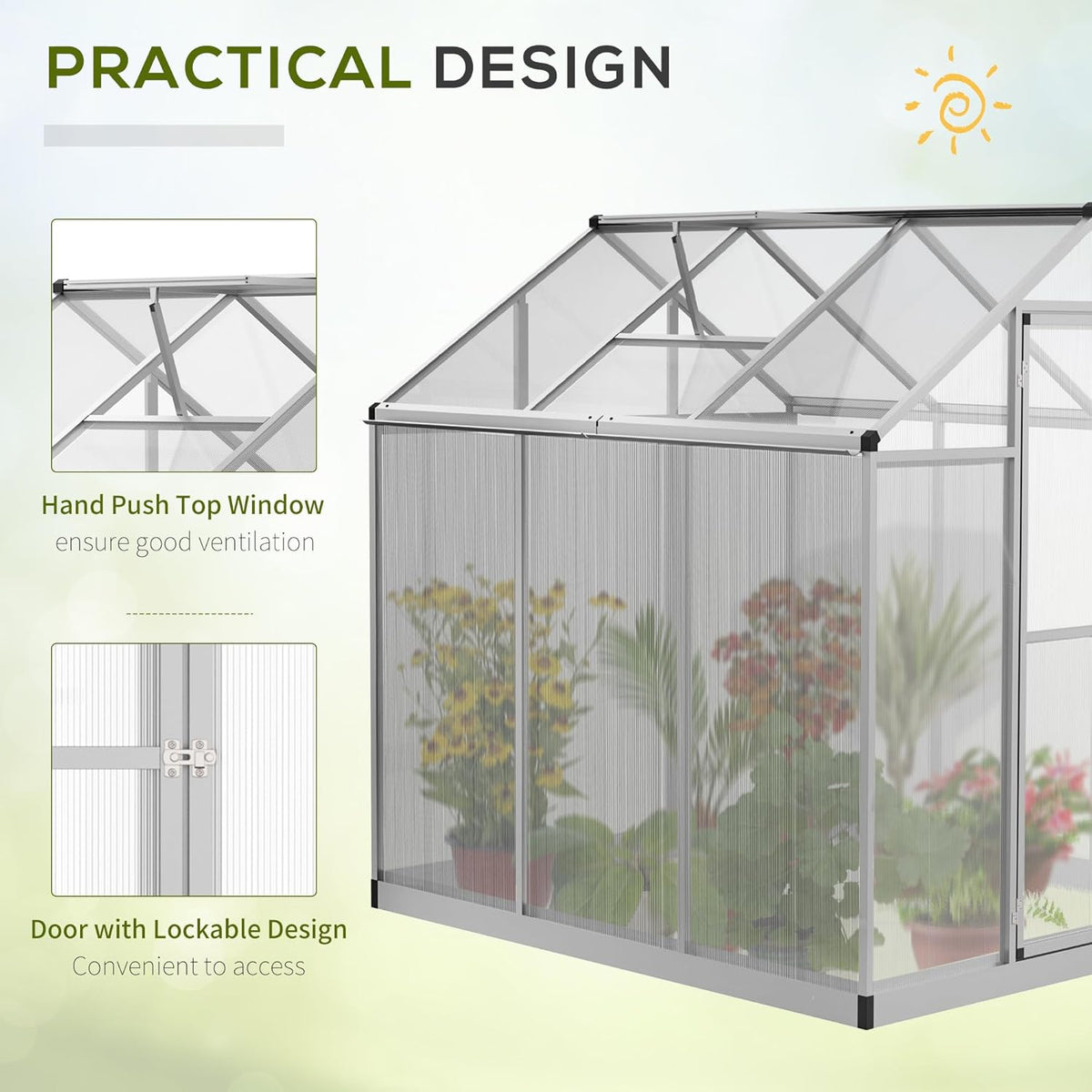 Outsunny 6' x 6' Greenhouse for Outdoors, Polycarbonate Greenhouse with Rain Gutter and Roof Vent