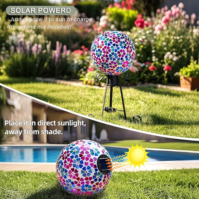 VOREEN Mosaic Solar Glass Gazing Ball, 10" Outdoor Multicolor Gazing Globe, Handmade IP44