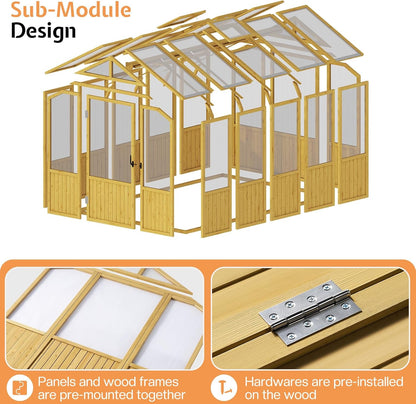 Jocisland 6x8x6.5 Ft Wooden Greenhouse, Pre-Assembled Solid Cedar Frame, Walk-in Design, Lockable