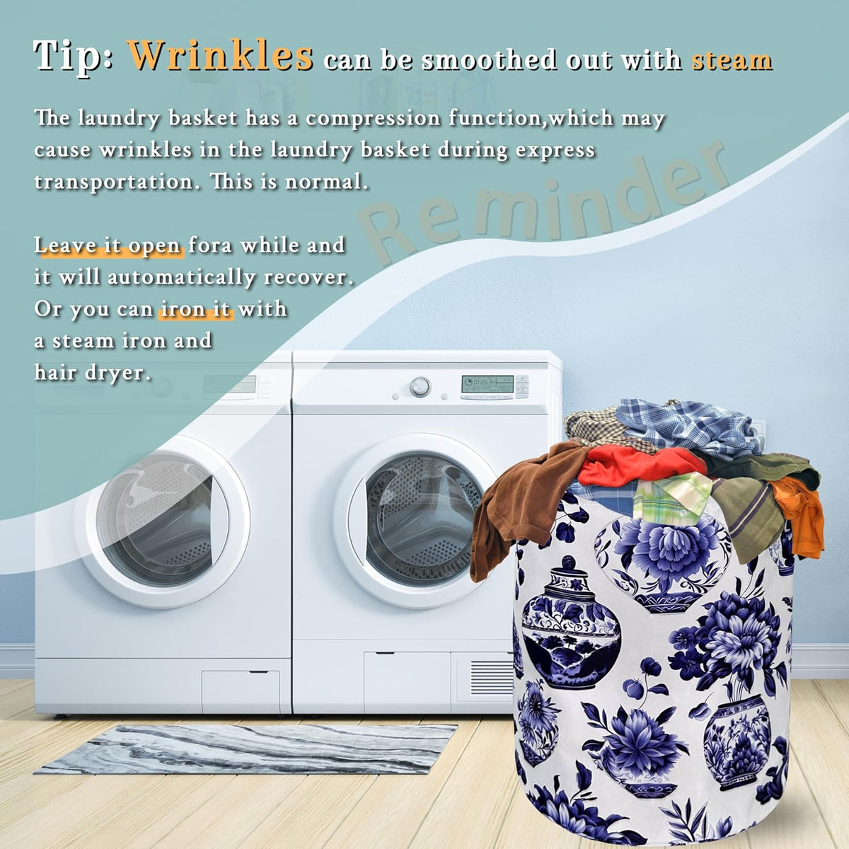 Blue White Floral Laundry Basket Foldable With Handles Vase Flower Tote Bag Oxford Cloth Color