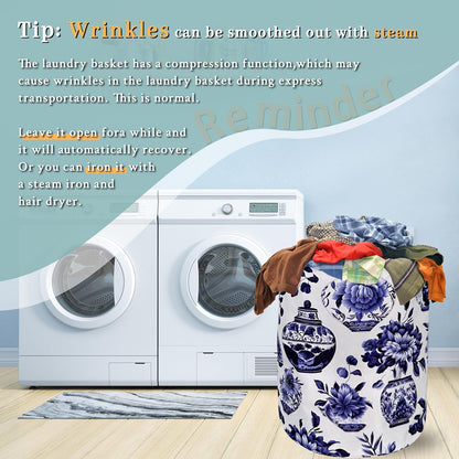 Blue White Floral Laundry Basket Foldable With Handles Vase Flower Tote Bag Oxford Cloth Color