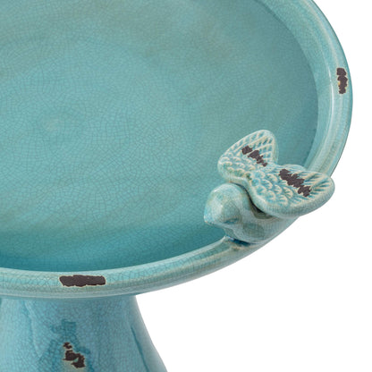 Alpine Corporation 25" Tall Outdoor Ceramic Antique Pedestal Birdbath with 2 Bird Figurines