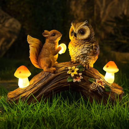 Solar Owl Garden Statues Outdoor Decor Resin Owl Squirrel Figurine with Mushroom Lights for Patio