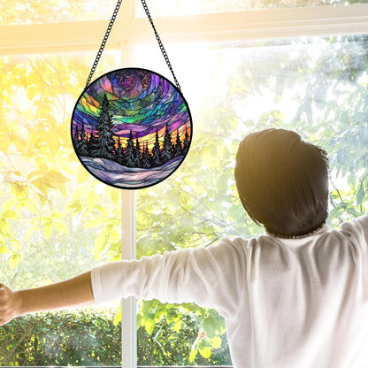 Stained Glass Window Hanging, Van Gogh Night Scene Sun Catchers Colorful Glass Panel Starry Sky