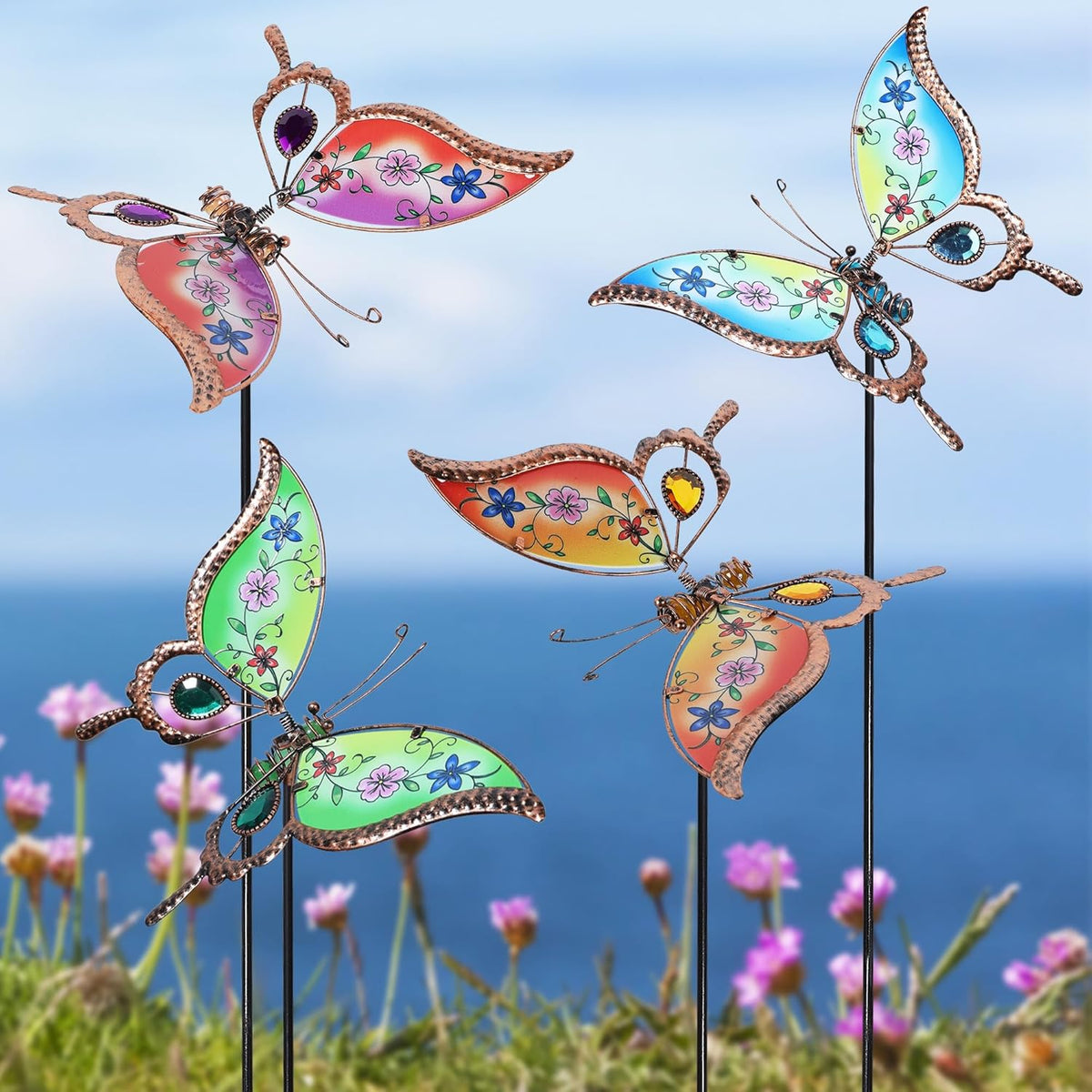 Juegoal Set of 4 Butterfly Garden Stake Decor, 32" Metal Colorful Butterflies Stakes, Yard Art