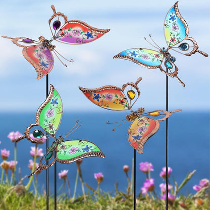 Juegoal Set of 4 Butterfly Garden Stake Decor, 32" Metal Colorful Butterflies Stakes, Yard Art