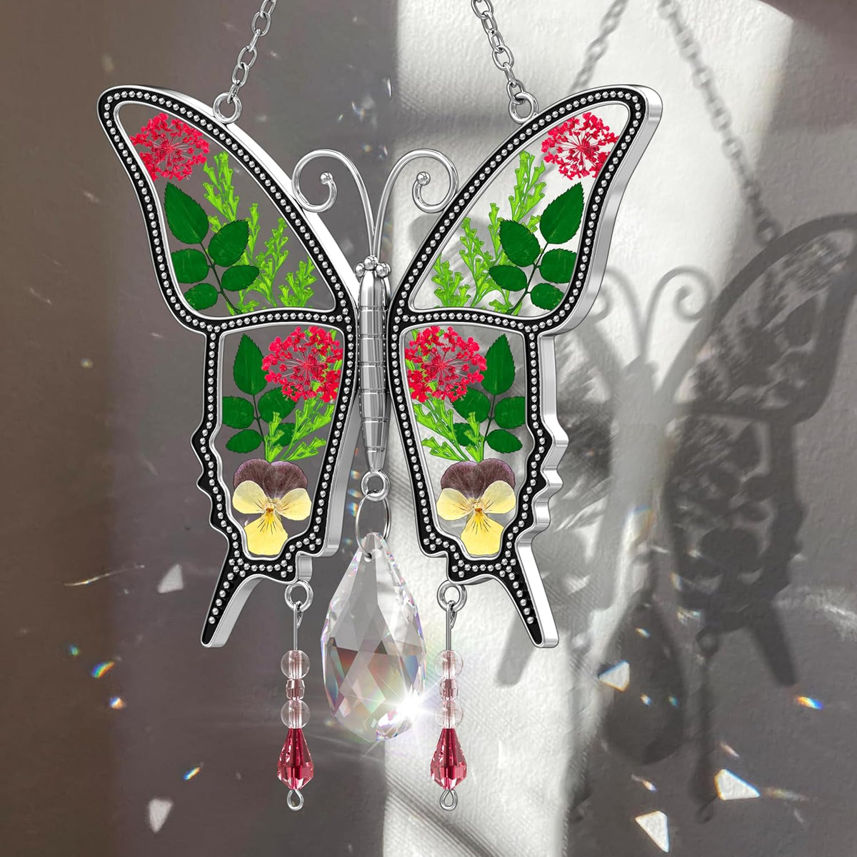 KY&BOSAM Butterfly Suncatcher for Windows Stained Glass Crystal Wind Chimes with Metal Charms