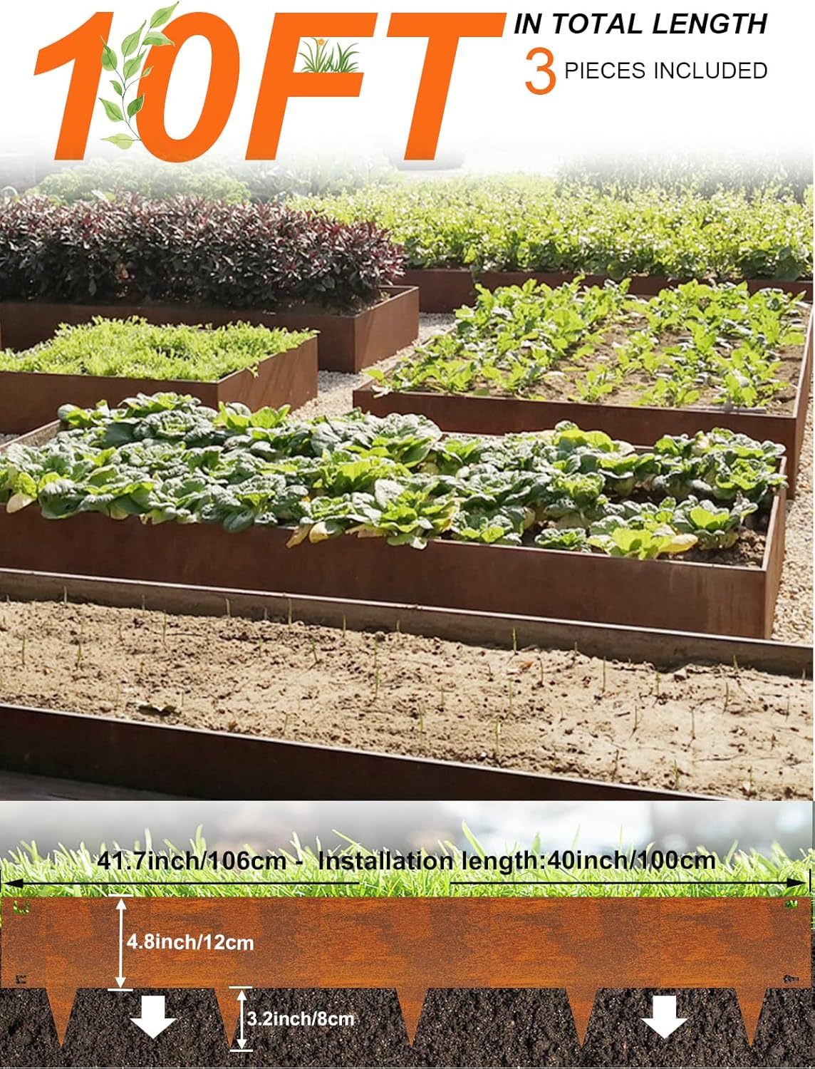 Vinci Landscape Edging Border, 40" L x 8" H 3Pack 10FT Total Rusted Corten Steel Garden Edging,Easy