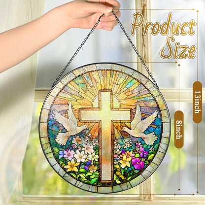 Cross and Wildflowers Stained Glass Suncatcher, 8 Inch Christian Stained Glass Windows Hanging