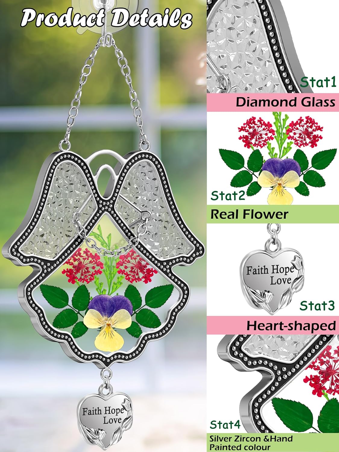 KY&BOSAM Angel Suncatcher Faith Hope Love Stained Glass Panels for Windows Hangings Wind Chime with