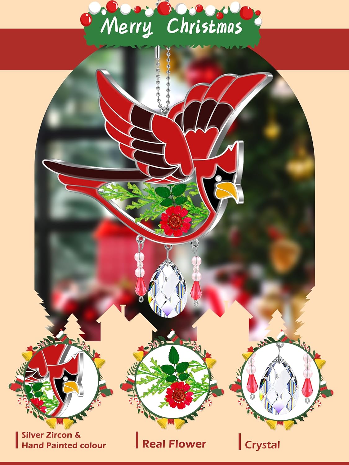 KY&BOSAM Cardinal Suncatcher Mom Gift Glass Had Painted Glass Suncatcher Windows Hanging Ornament