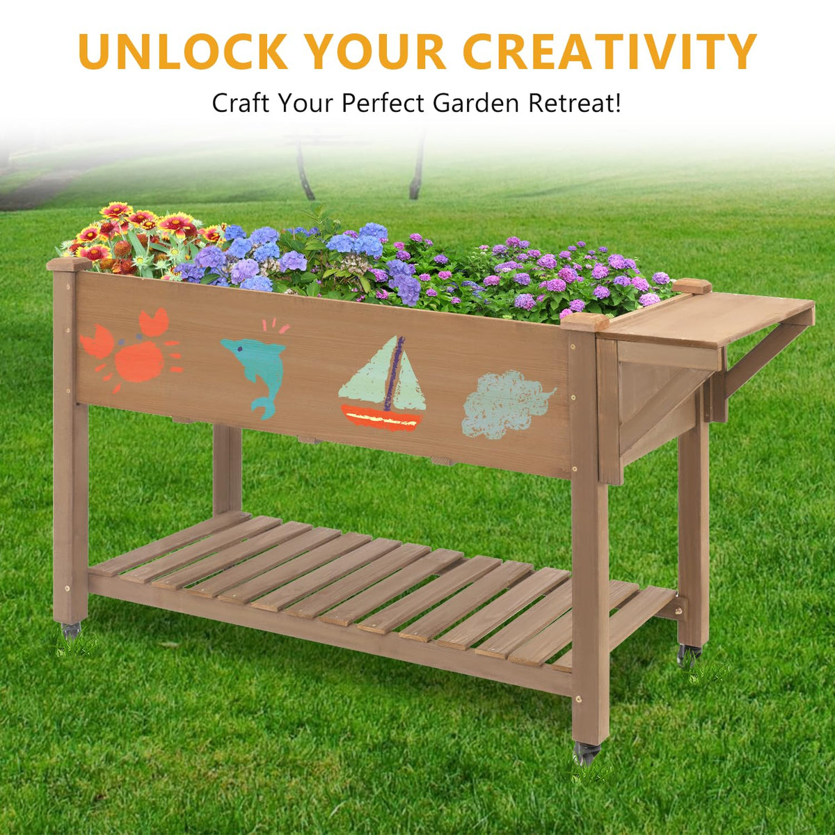 ketive Raised Garden Bed with Lockable Wheels Mobile Elevated Wood Planter,Storage Shelf