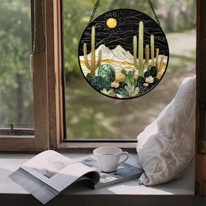 Stained Glass Window Hanging, Black and White Golden Cactus Nature Suncatcher for Doors Window Home