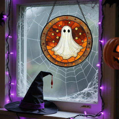 Stained Glass Window Hanging - Halloween Decorations White Ghost Suncatcher for Doors Garden Indoor