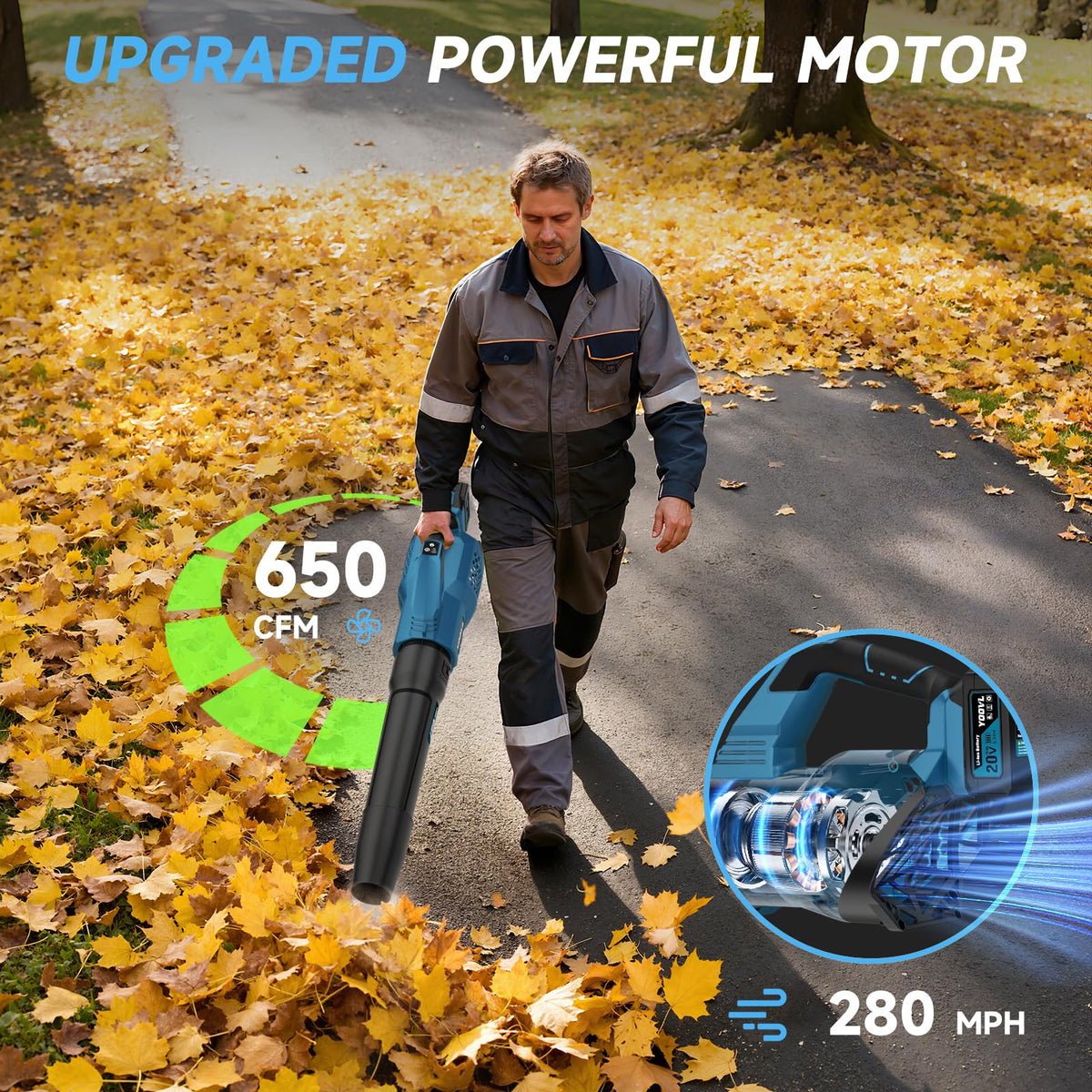 Leaf Blower Cordless, 650CFM Electric Leaf Blowers with 2 x 5.2Ah Batteries and Charger, 3 Speed
