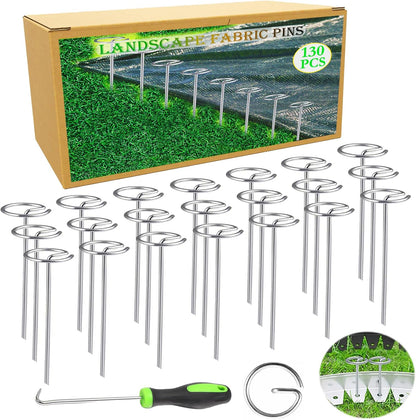 130 PCS Landscape Fabric Pins + Pick Hook, 6-Inch Galvanized Circle Top Landscape Staples - Steel