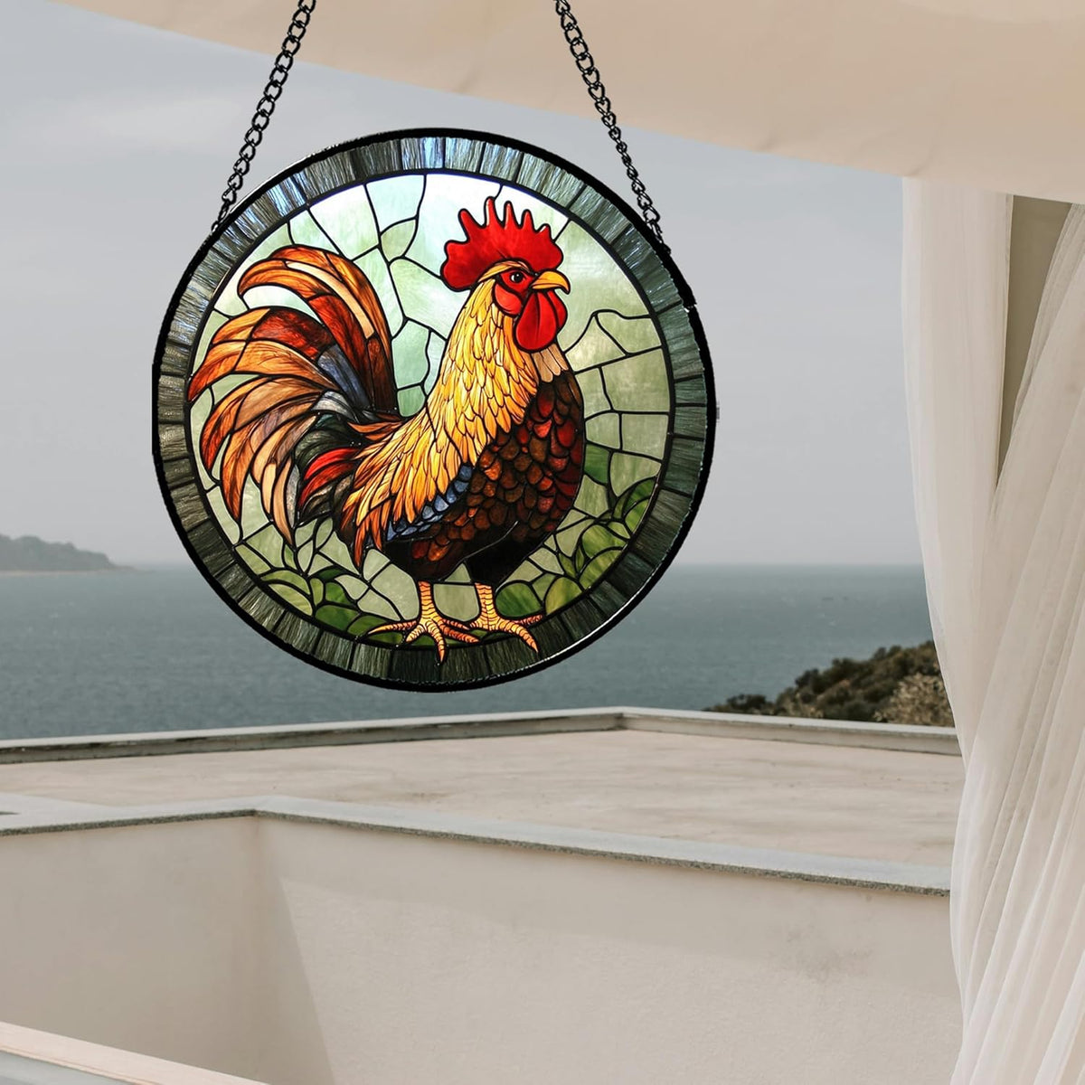 Stained Glass Window Hanging - Rooster Suncatcher for Doors Garden Patio Retro PColored Chicken Sun