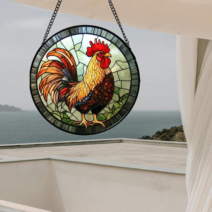 Stained Glass Window Hanging - Rooster Suncatcher for Doors Garden Patio Retro PColored Chicken Sun