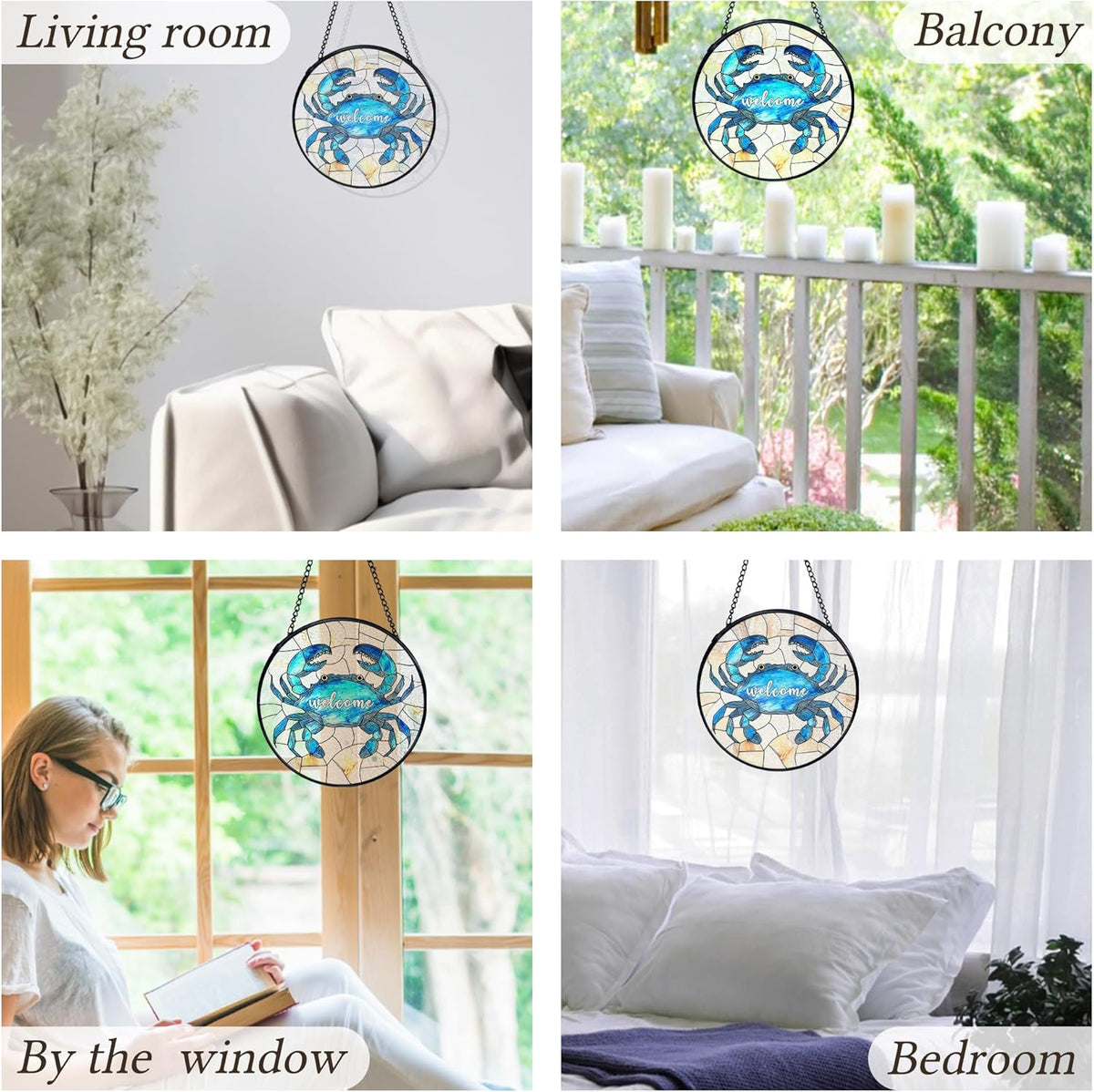 kdqua Coastal Beach Crab Welcome Suncatcher Stained Glass Window Hanging, Ocean Marine Crab Sun