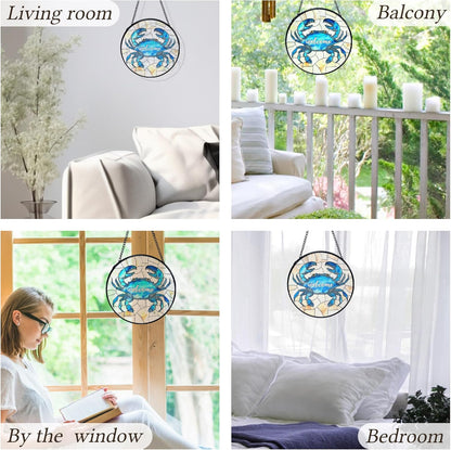 kdqua Coastal Beach Crab Welcome Suncatcher Stained Glass Window Hanging, Ocean Marine Crab Sun