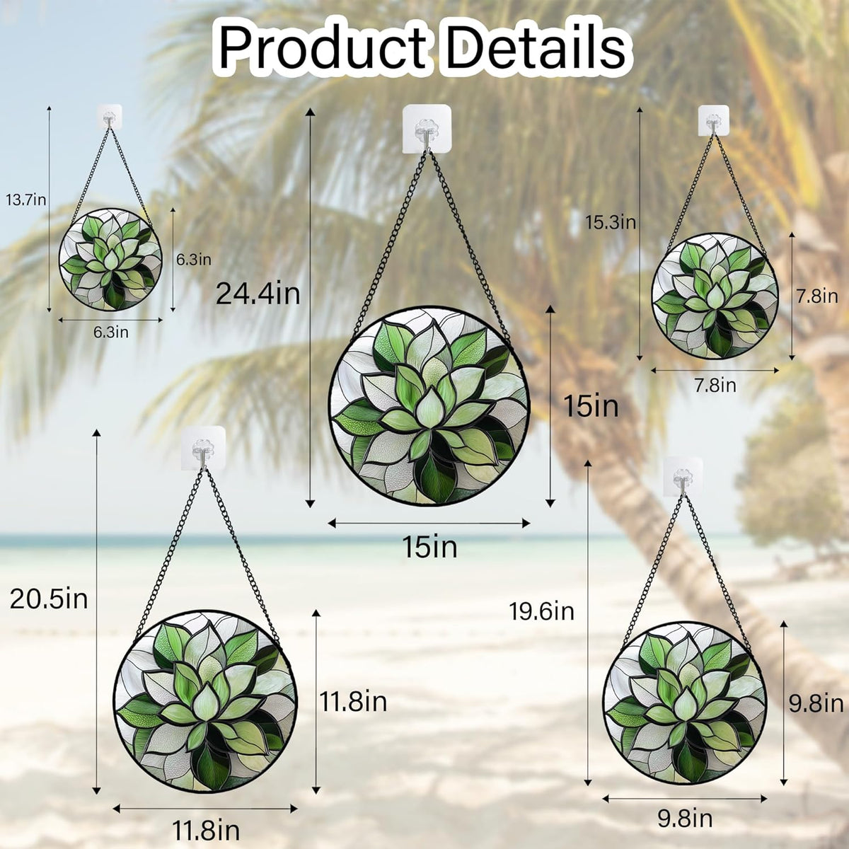Stained Glass Window Hanging - Green Succulent Plants Suncatcher for Doors Garden Patio Floral Sun