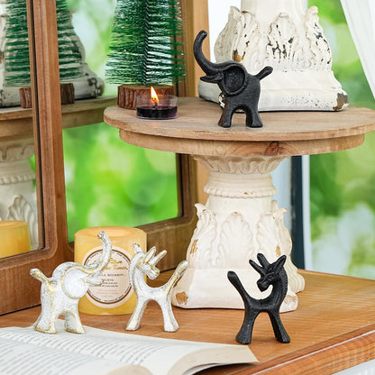 Sungmor Set of 2 Cast Iron Elephant & Unicorn Figurines - Rustic Black Animal Sculptures for Shelf