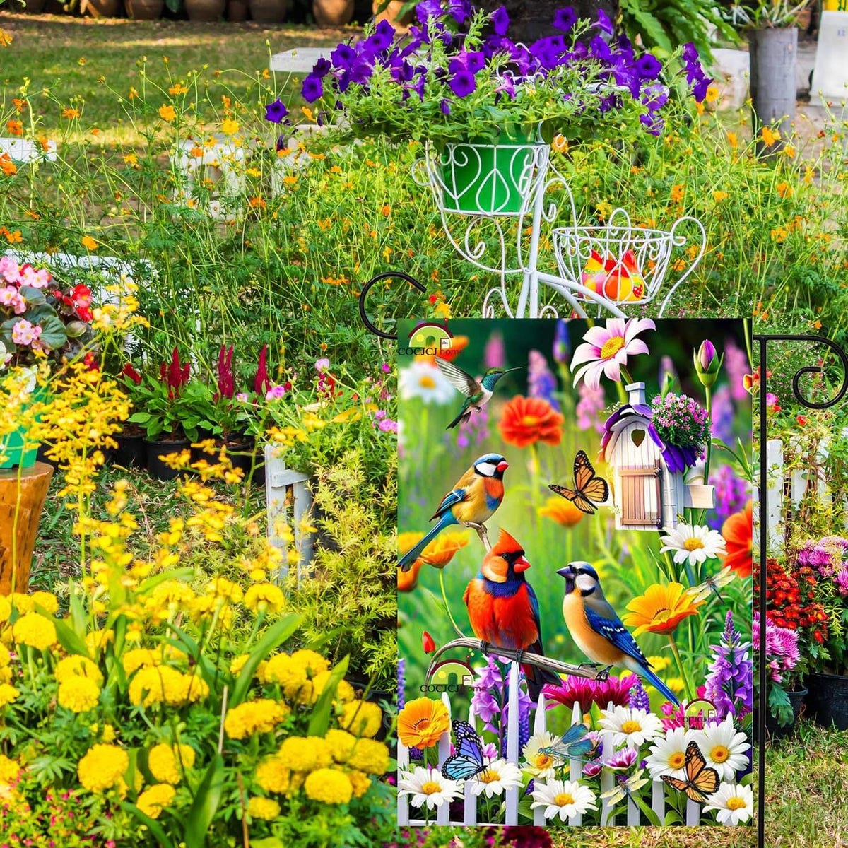 Spring Summer Humming bird garden Flag Birds Floral Garden Flags 12x18 Double Sided, small Yard