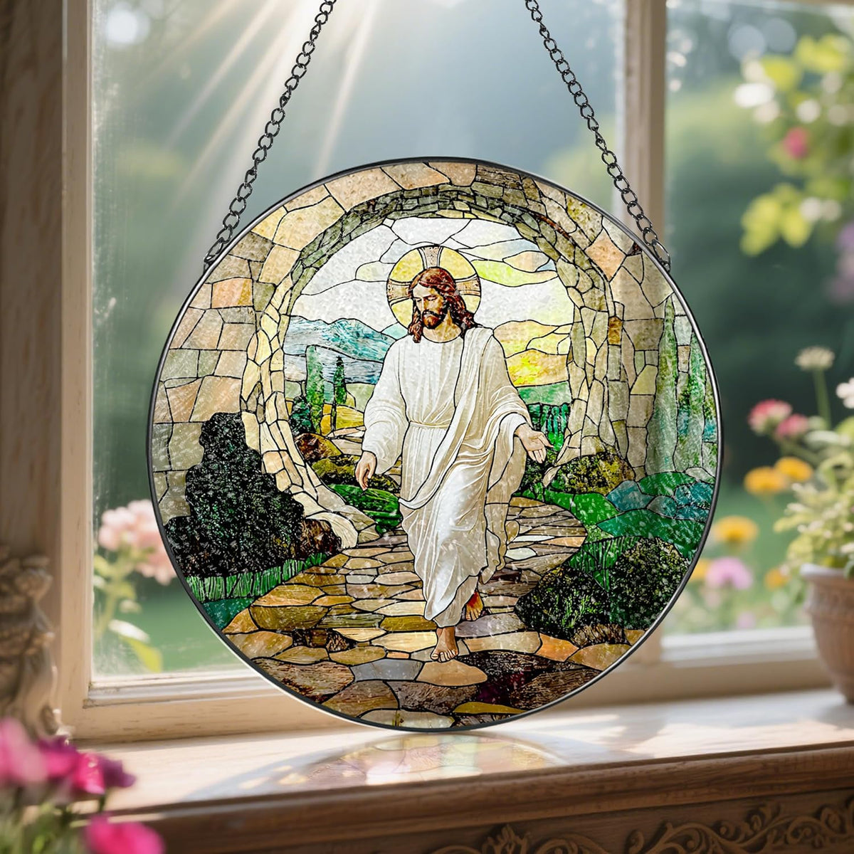 8 Inch He is Risen Resurrection of Jesus Stained Glass Suncatcher, Stained Glass Window Hanging
