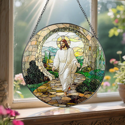 8 Inch He is Risen Resurrection of Jesus Stained Glass Suncatcher, Stained Glass Window Hanging