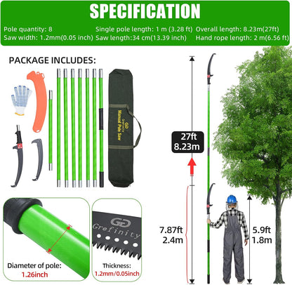 27FT Manual Pole Saw, Tree Branch Trimmer with 8-Section Fiberglass Handle, Sharp Steel Blade