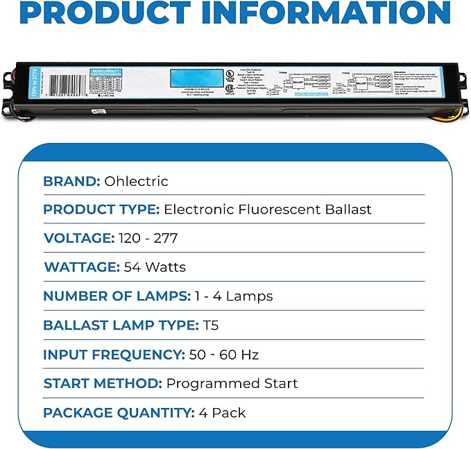 OHLECTRIC Replacement for ICN-4S54-90C-2LS-G (4 Pack) 4 Lamp T5 Fluorescent Electronic Ballast