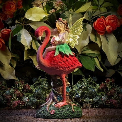 Solar Fairy & Flamingo Garden Decor Statue, Outdoor Funny Solar Light Decoration for Yard, Patio