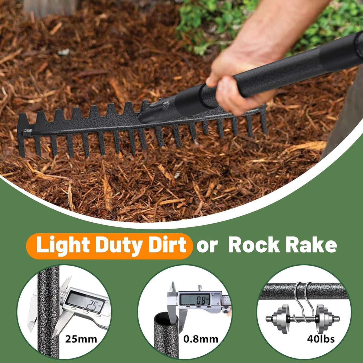 Garden Rake, 63 Inch Long Handle with 17 Tongs, Heavy Duty Metal Bow Rake for Loosening Leveling