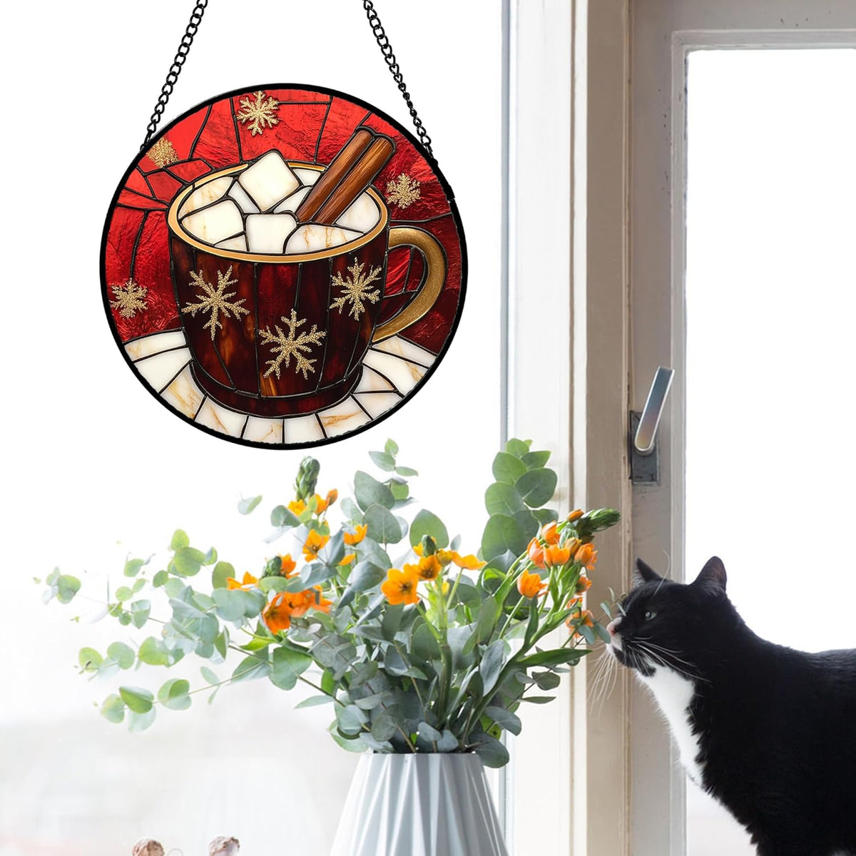 Stained Glass Window Hanging 4 Pcs Set Red Christmas Themed Decorations Large 11.8" - Suncatcher