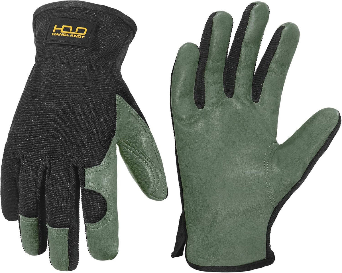 HANDLANDY Men Leather Gardening Gloves, Utility Work Gloves for Mechanics, Construction, Driver