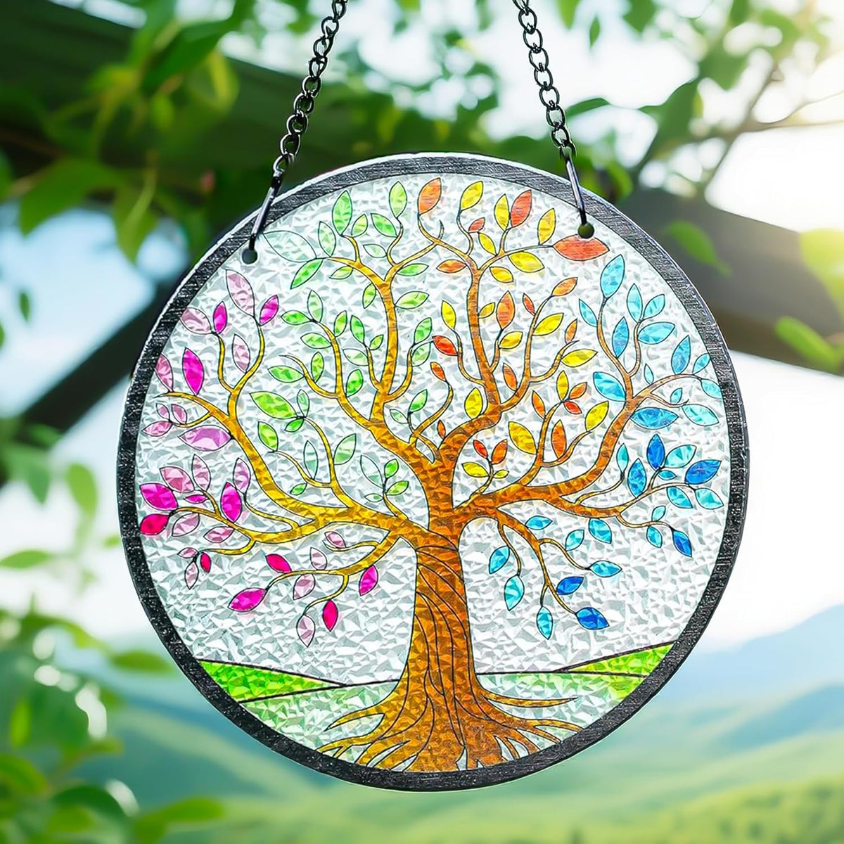Kanpura Tree of Life Stained Glass Suncatcher Colorful Leaves Suncatchers for Window Hanging