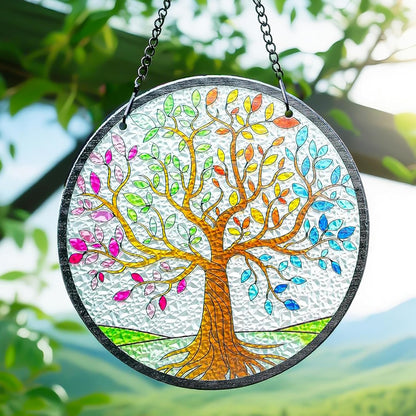 Kanpura Tree of Life Stained Glass Suncatcher Colorful Leaves Suncatchers for Window Hanging