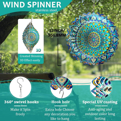 Wind Spinner Mandala Peacock Blue Ocean,Wind Spinner for Yard and Garden,Gifts for Women Mom