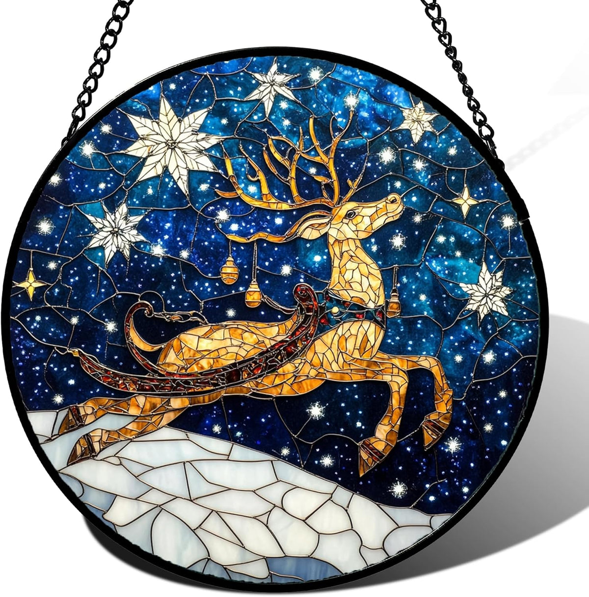 Stained Glass Window Hanging - Reindeer Blue Starry Sky Suncatcher for Doors Home Christmas