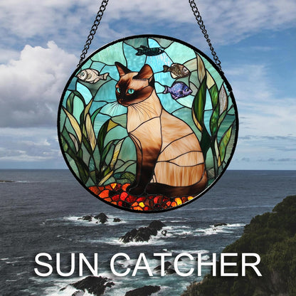 Stained Glass Window Hanging Cat Fish Plants 7.8" - Suncatcher Door Garden Sunroom Sun Catcher Home