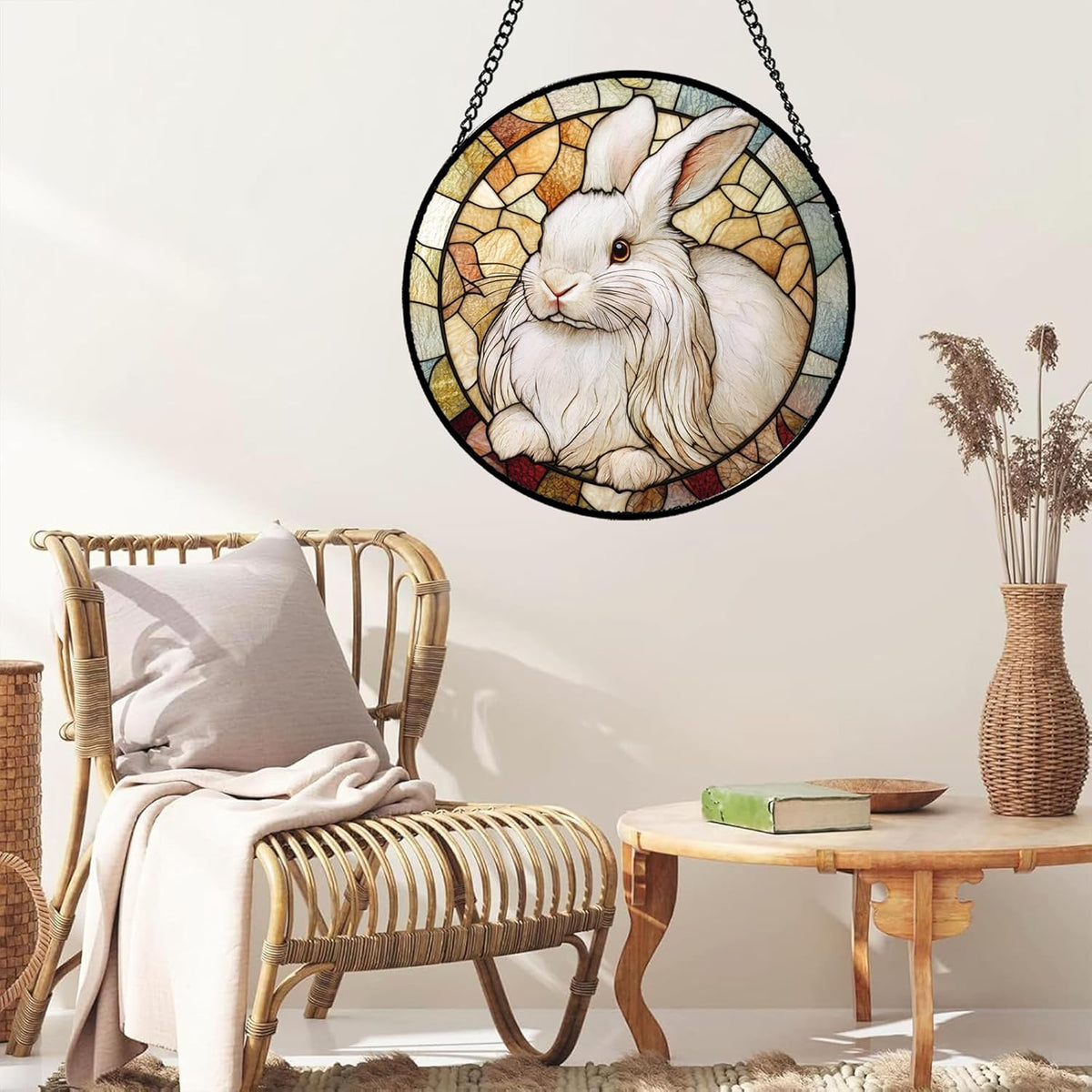 Stained Glass Window Hanging Cute White Angora Rabbit 6.3" - Bunny Suncatcher Door Garden Sunroom