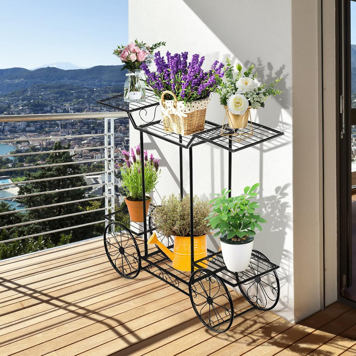 Safstar 6 Tiered Metal Plant Stand w/4 Decorative Wheels, Multilayer Flower Display Shelf for Home