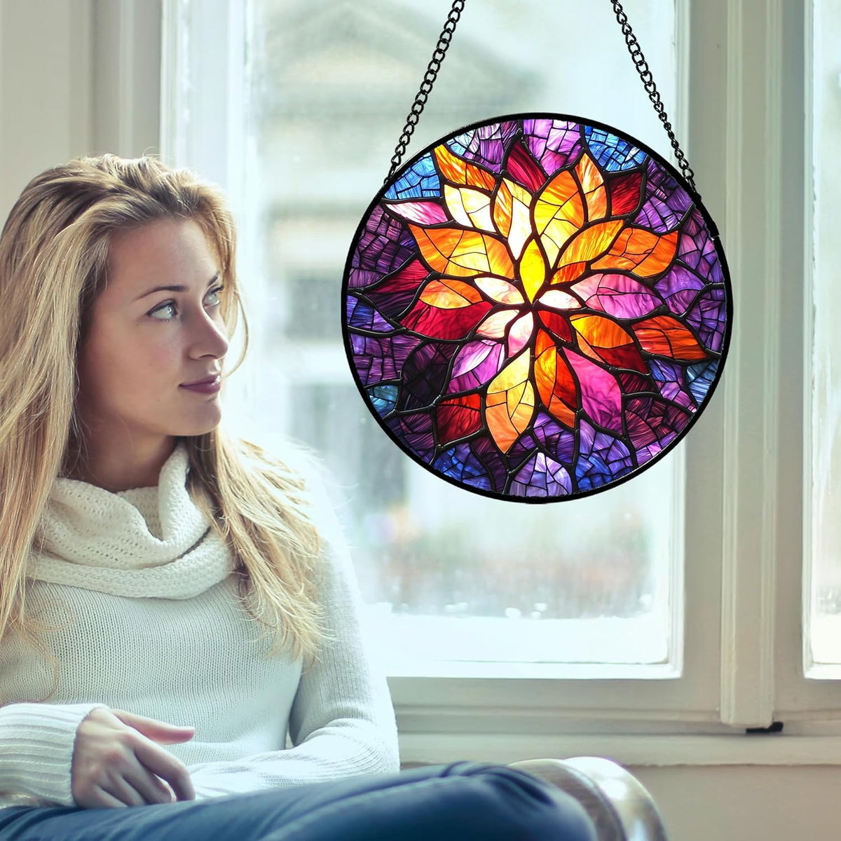 Stained Glass Window Hanging, Fuchsia Abstract Flowers Suncatcher for Window Home Decor Orange Sun