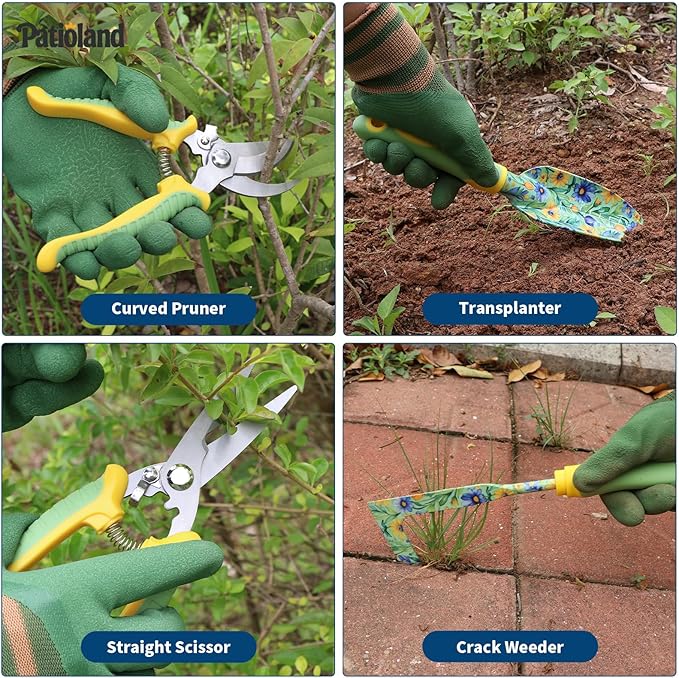 10-Piece Garden Tool Set – Green Floral Gardening Hand Tools with Non-Slip Handles, Heavy Duty