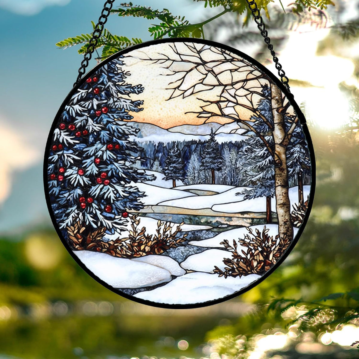 Stained Glass Window Hanging, Winter Snow Landscape Suncatcher Diamond Glass Panel Sun Catchers