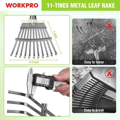 WORKPRO Rake, Small Rake for Leaves with 72” Adjustable Long Handle, 11 Steel Tines, Heavy Duty