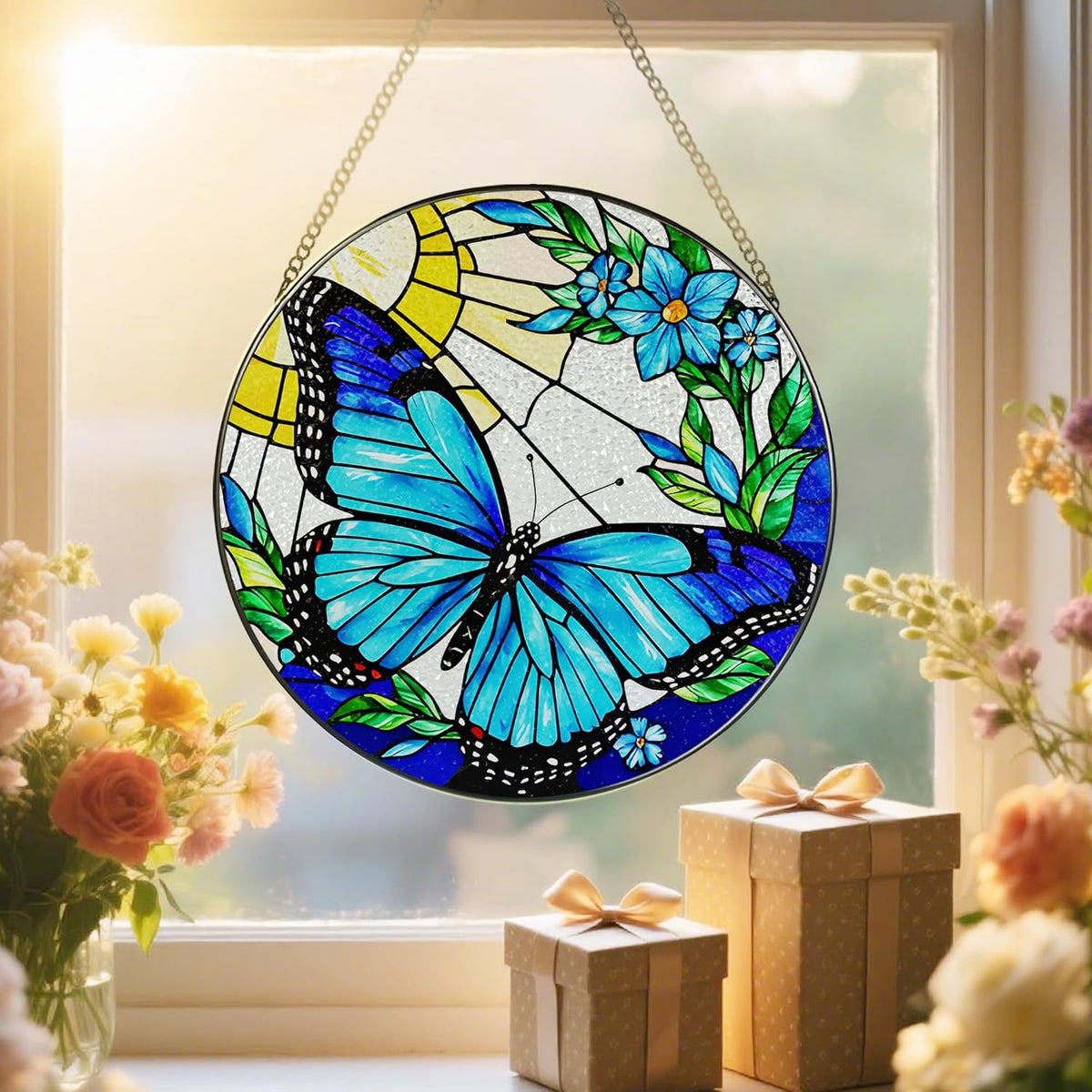 Stained Glass Window Hanging, 8 Inch Sun Catchers Indoor Window, Butterfly Suncatchers for Windows