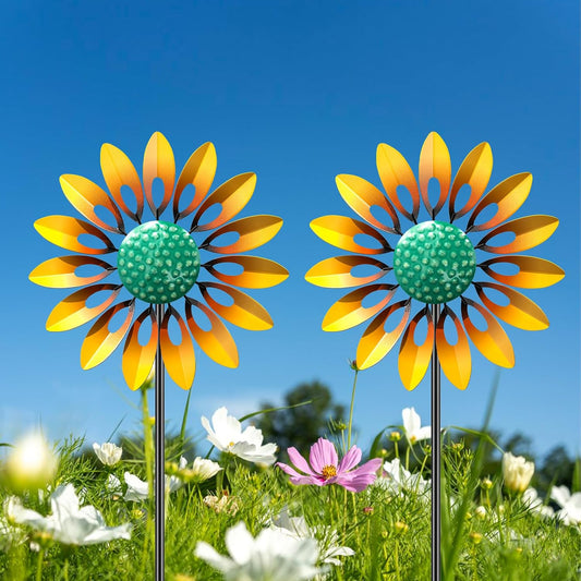 2pcs Sunflower Wind Spinner Outdoor, Freestanding Kinetic Wind Sculpture with Stake, Metal Windmill
